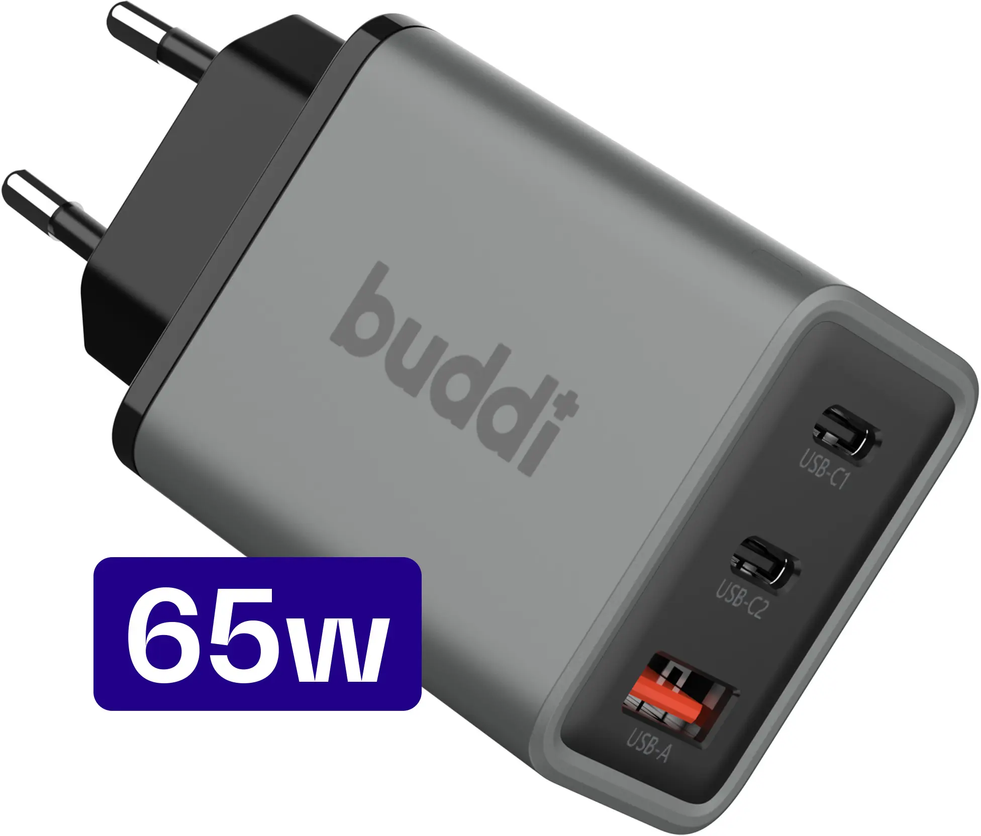 Buddi Power 65W Power Adapter Fast Charge GaN 2x USB-C + USB-A Snellader Grijs afbeelding 1