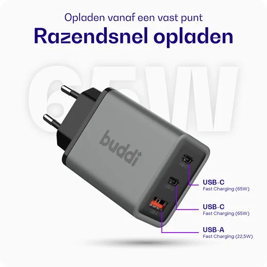 Buddi Power 65W Power Adapter Fast Charge GaN 2x USB-C + USB-A Snellader Grijs afbeelding 2