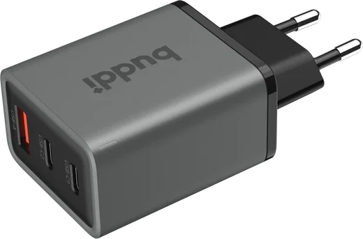 Buddi Power 65W Power Adapter Fast Charge GaN 2x USB-C + USB-A Snellader Grijs afbeelding 8