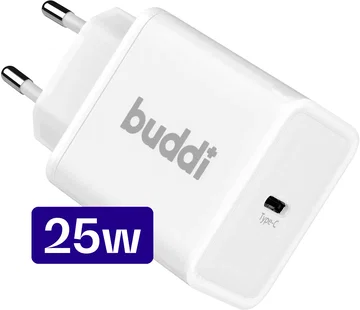 Buddi Power 25W Power Adapter Fast Charge GaN Technologie USB-C Snellader Wit
