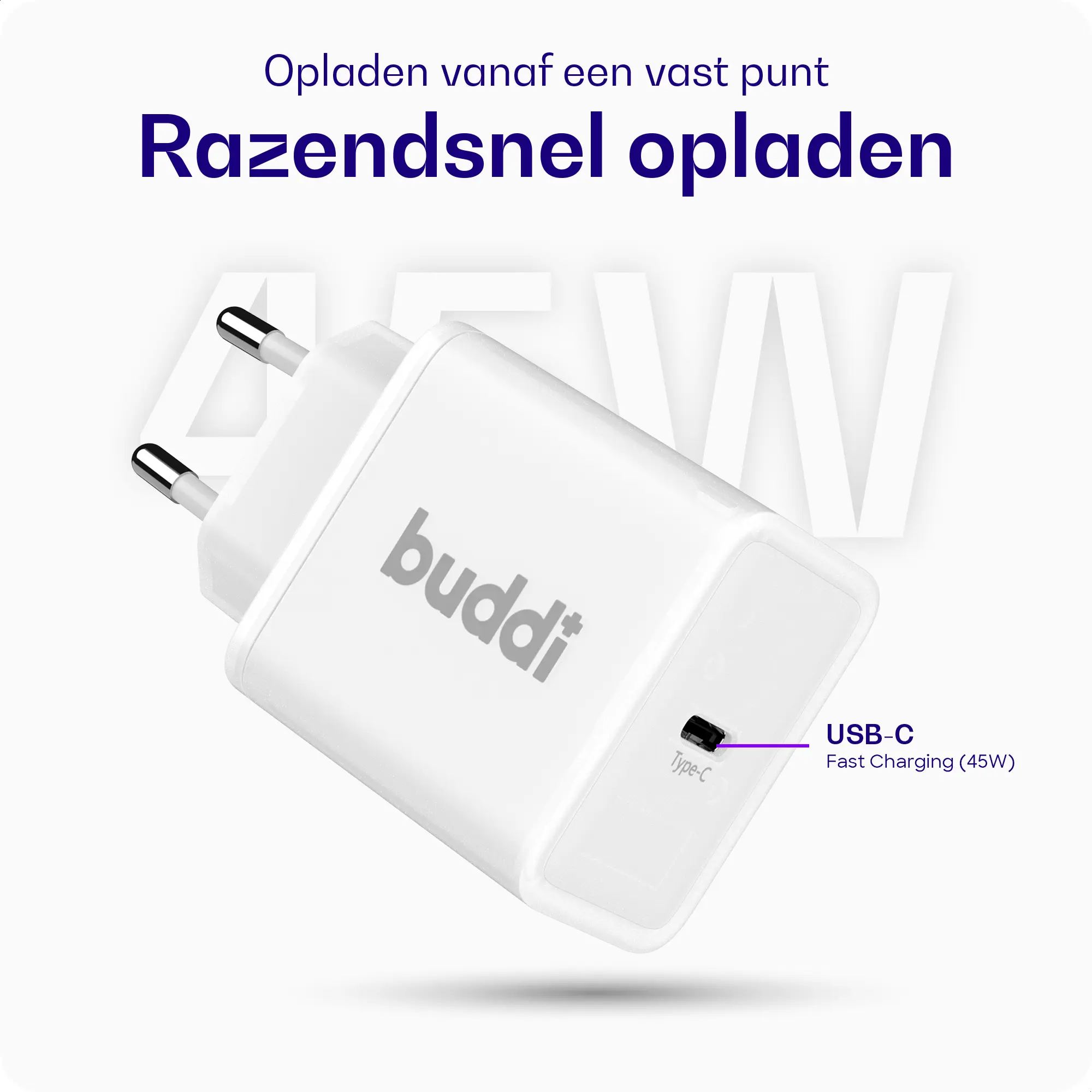 Buddi Power 45W Power Adapter Fast Charge GaN Technologie USB-C Snellader Wit afbeelding 2