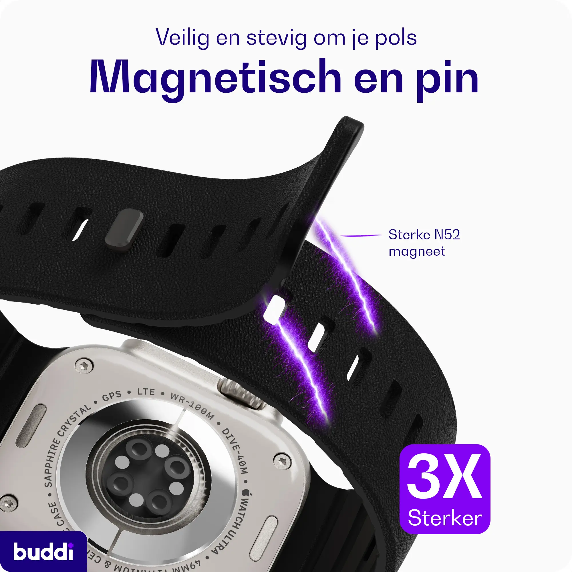 Buddi Luno Magnetisch Apple Watch Bandje 1-11/SE/Ultra 49/46/45/44MM Zwart afbeelding 5