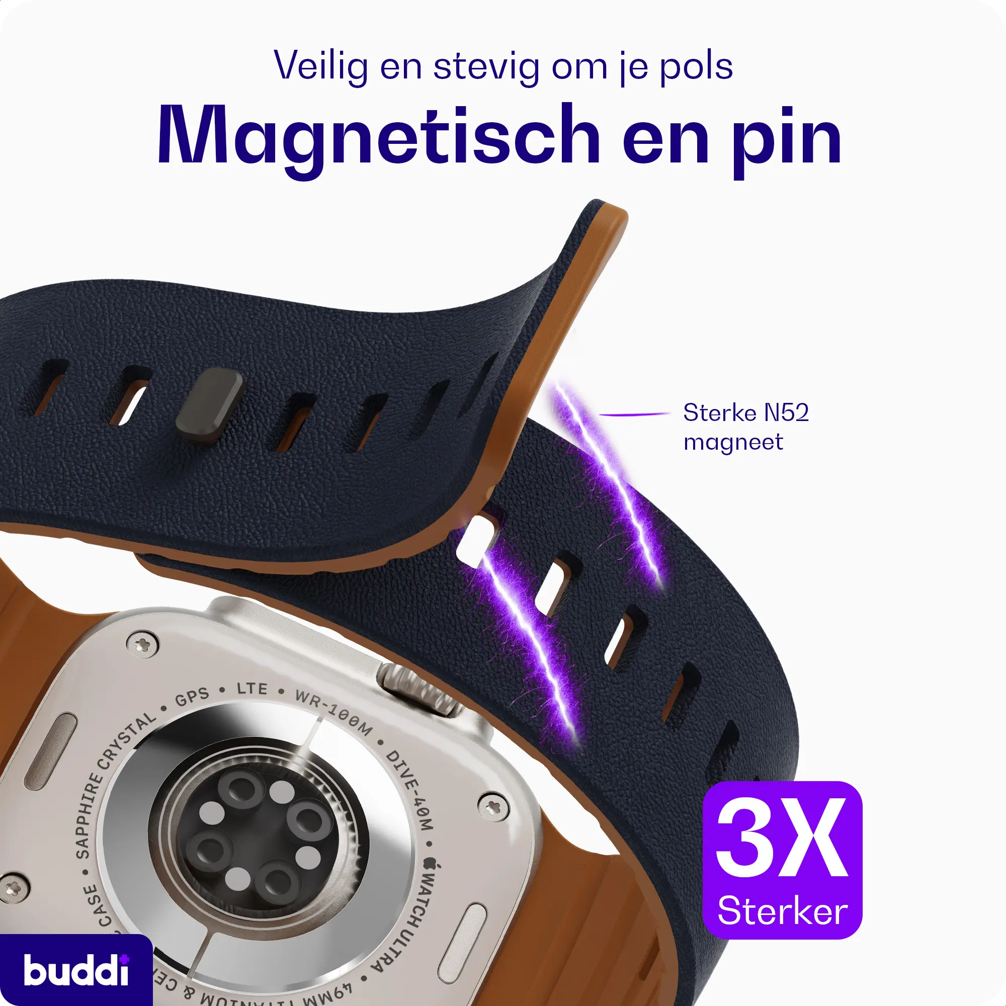 Buddi Luno Magnetisch Apple Watch Bandje 1-11/SE/Ultra 49/46/45/44MM Indigo afbeelding 5