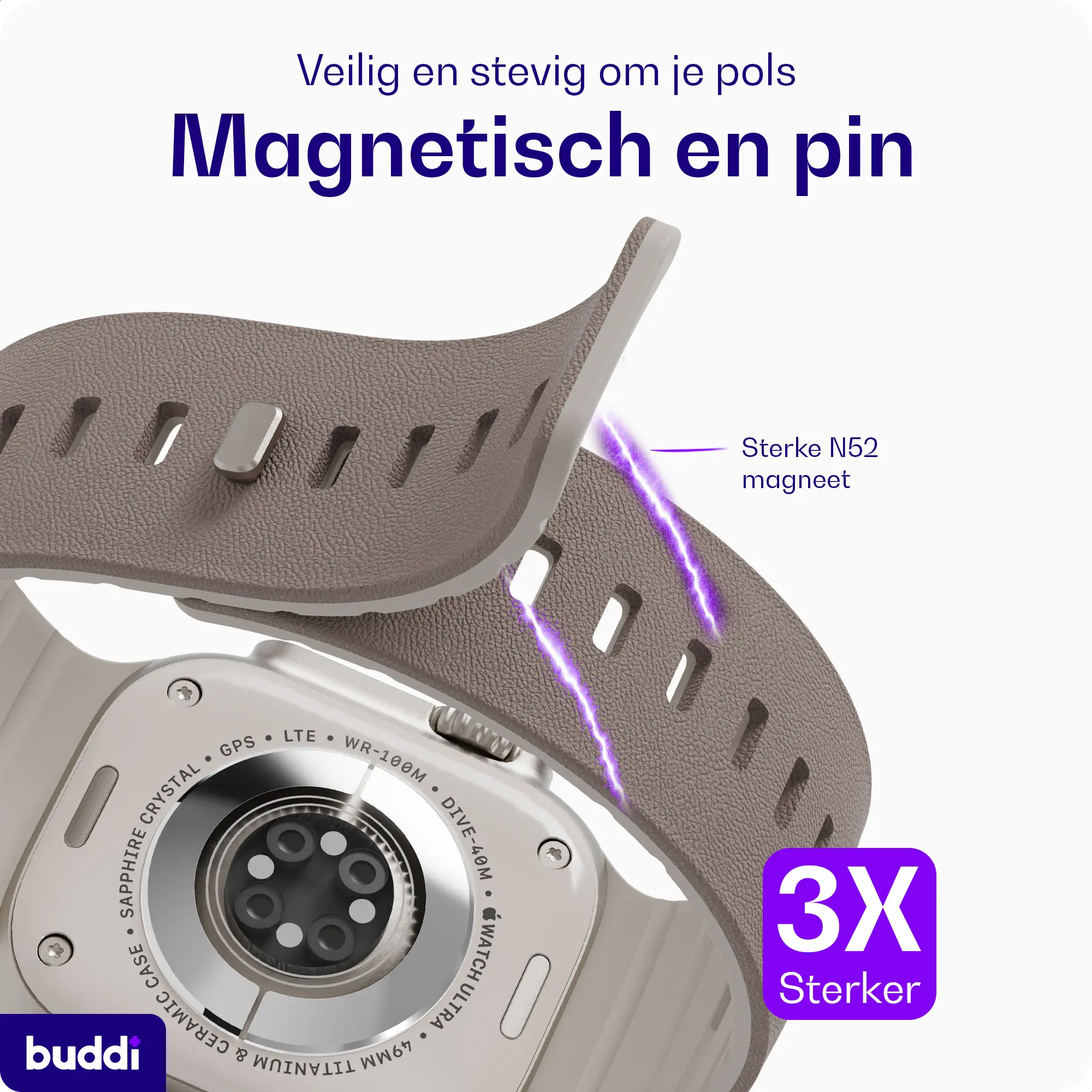Buddi Luno Magnetisch Apple Watch Bandje - 1-11/SE - 38/40/41/42MM Taupe afbeelding 5