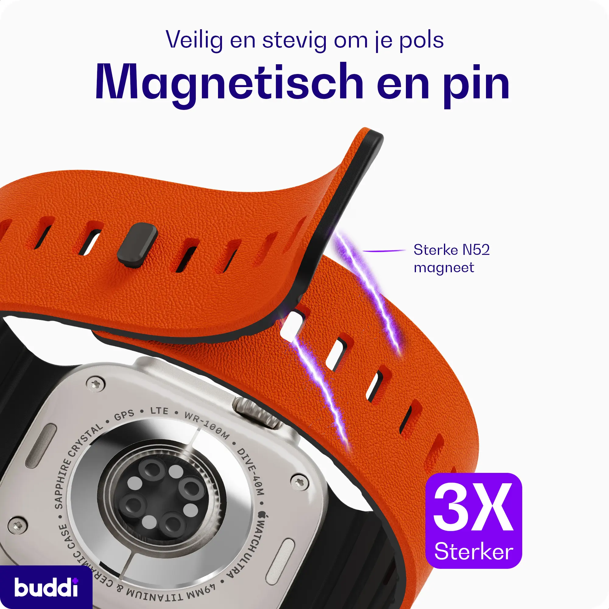 Buddi Luno Magnetisch Apple Watch Bandje - 1-11/SE - 38/40/41/42MM Oranje afbeelding 5