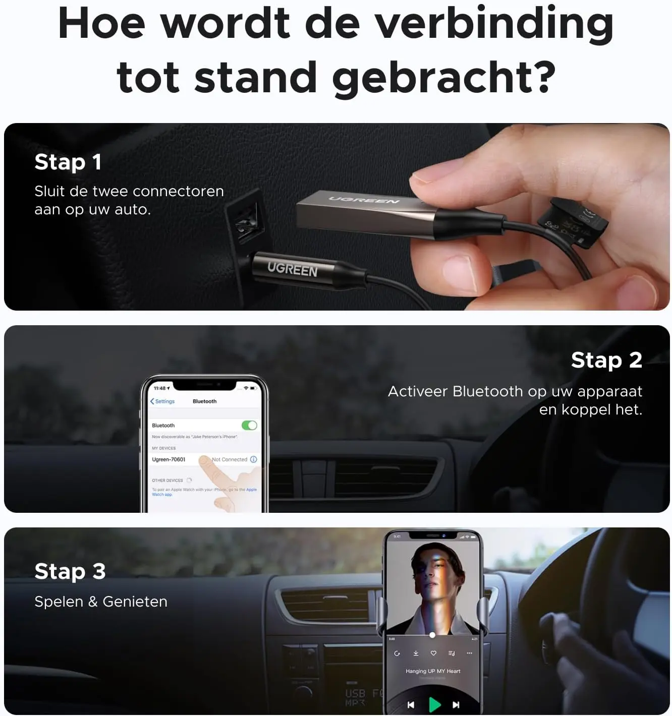 UGREEN Bluetooth 6.0 AUX Adapter Auto met LDAC en Microfoon - Zwart afbeelding 8