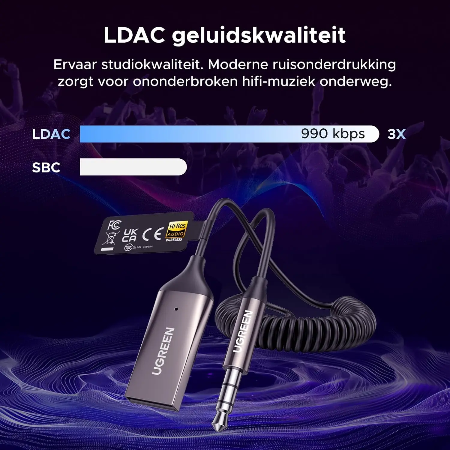 UGREEN Bluetooth 6.0 AUX Adapter Auto met LDAC en Microfoon - Zwart afbeelding 2