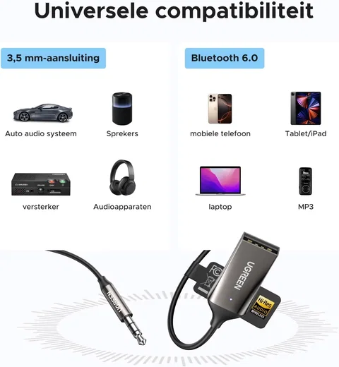 UGREEN Bluetooth 6.0 AUX Adapter Auto met LDAC en Microfoon - Zwart afbeelding 4