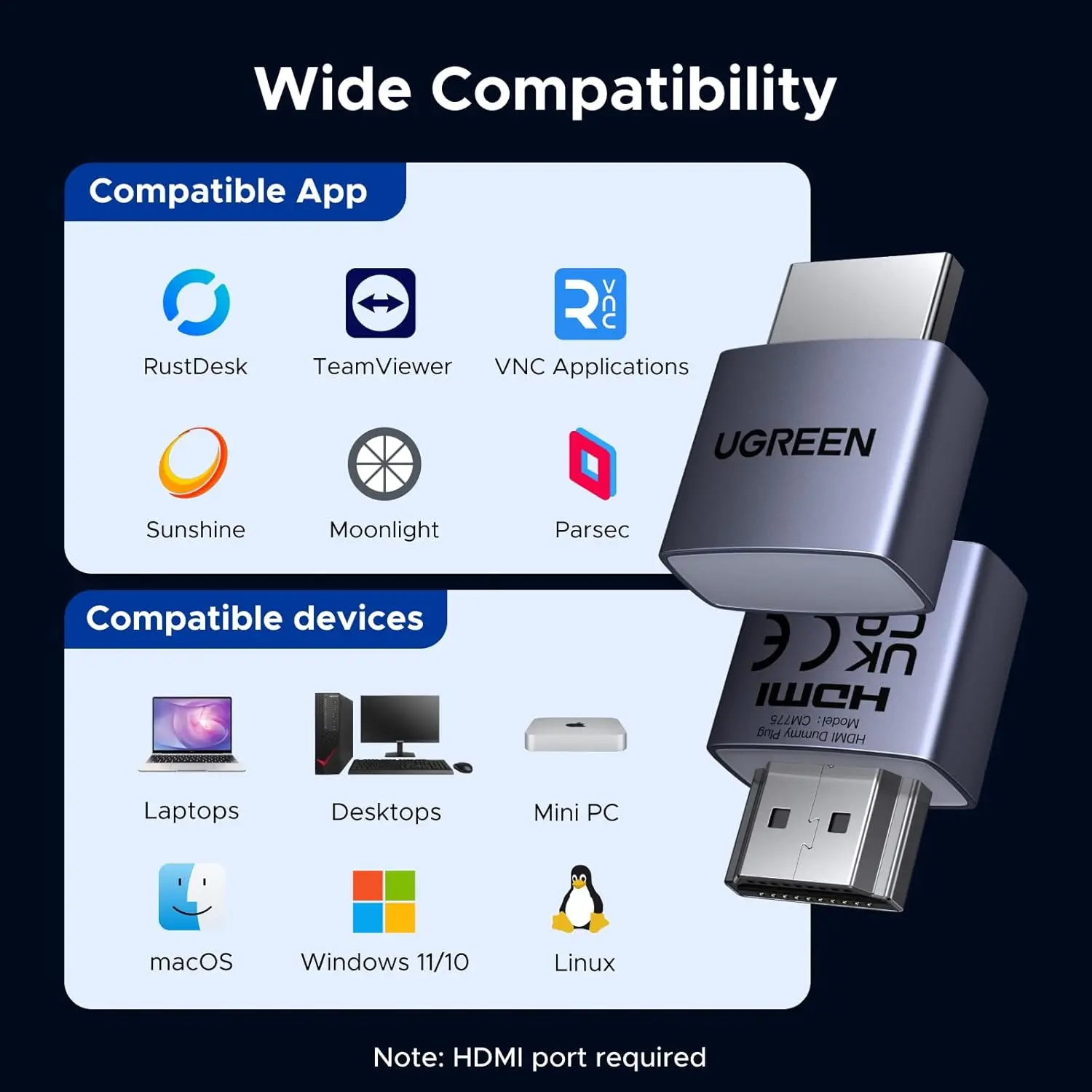 UGREEN Compacte HDMI EDID Emulator 4K Revolutie 60Hz 4 Stuks afbeelding 9