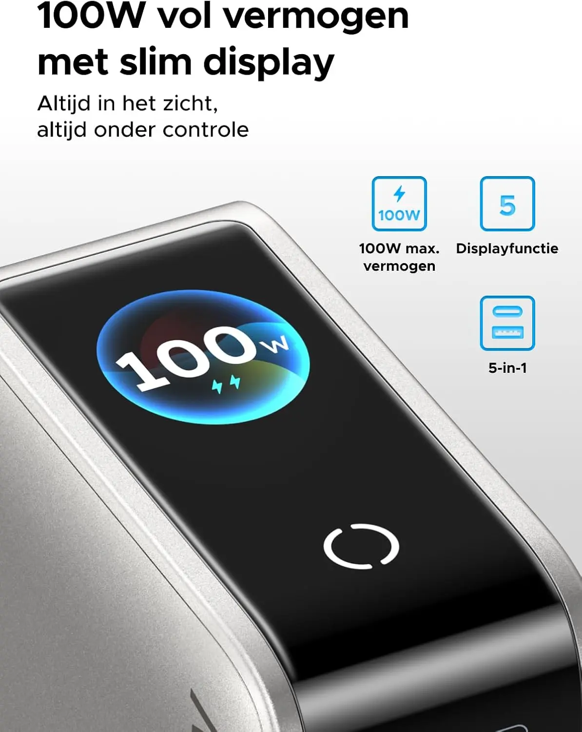 UGREEN Nexode Pro 100W USB-C en USB Snellader GaN Adapter Grijs met Touchscreen afbeelding 2