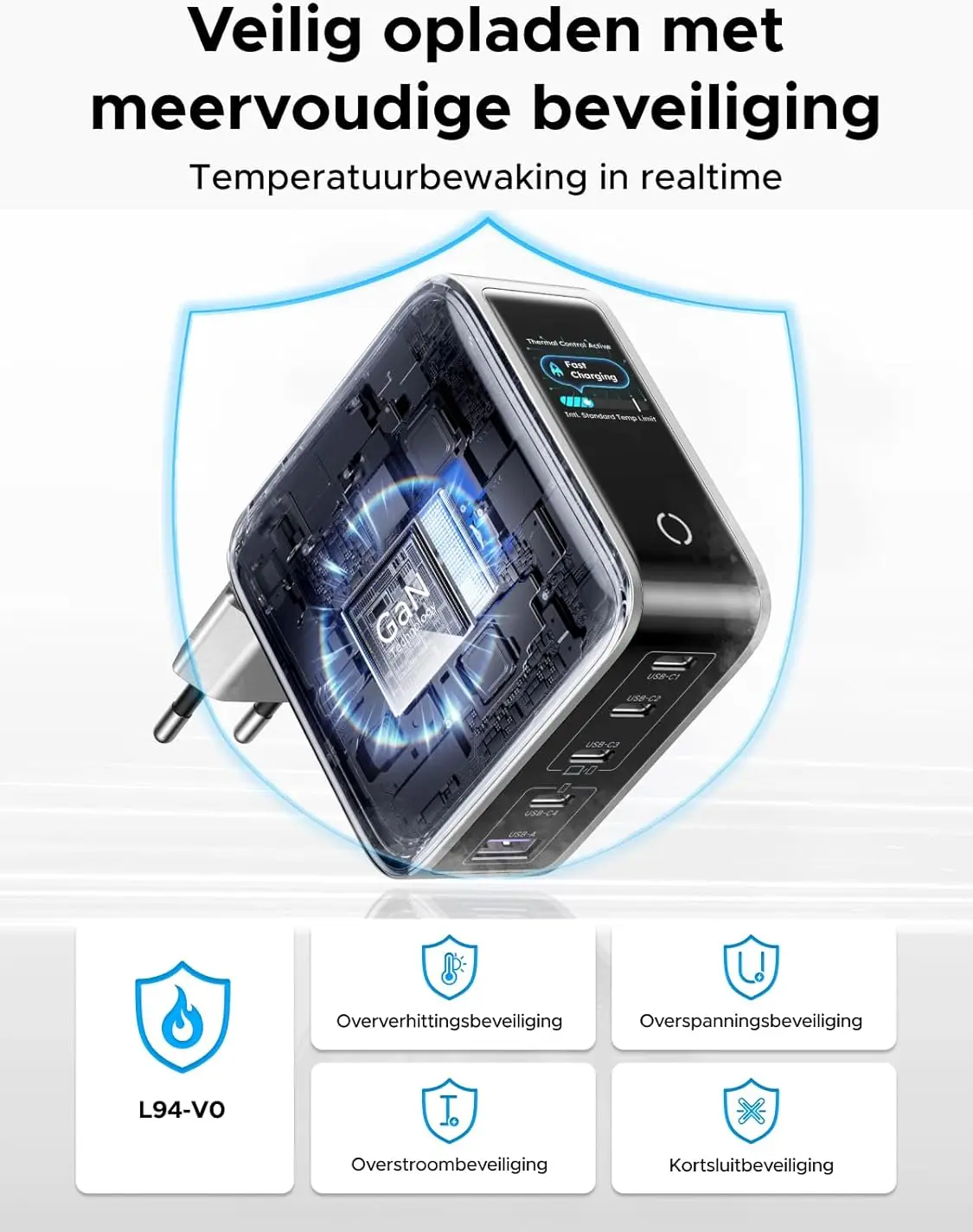 UGREEN Nexode Pro 100W USB-C en USB Snellader GaN Adapter Grijs met Touchscreen afbeelding 8