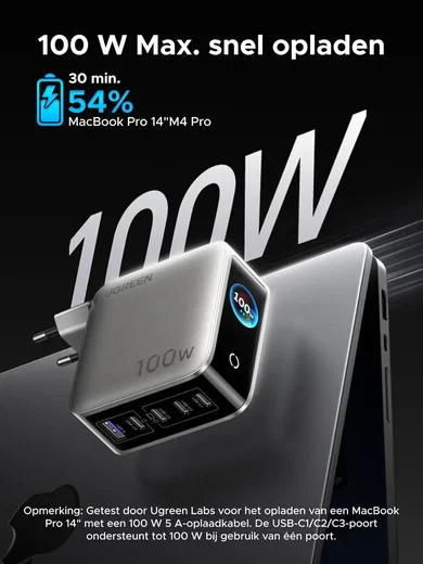UGREEN Nexode Pro 100W USB-C en USB Snellader GaN Adapter Grijs met Touchscreen afbeelding 3