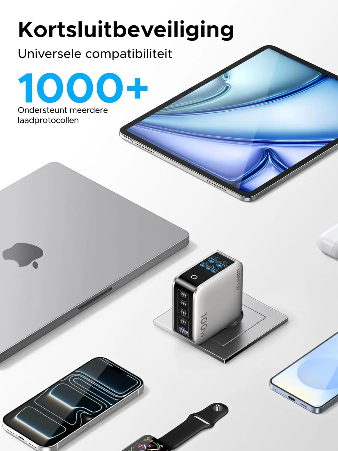 UGREEN Nexode Pro 100W USB-C en USB Snellader GaN Adapter Grijs met Touchscreen afbeelding 7