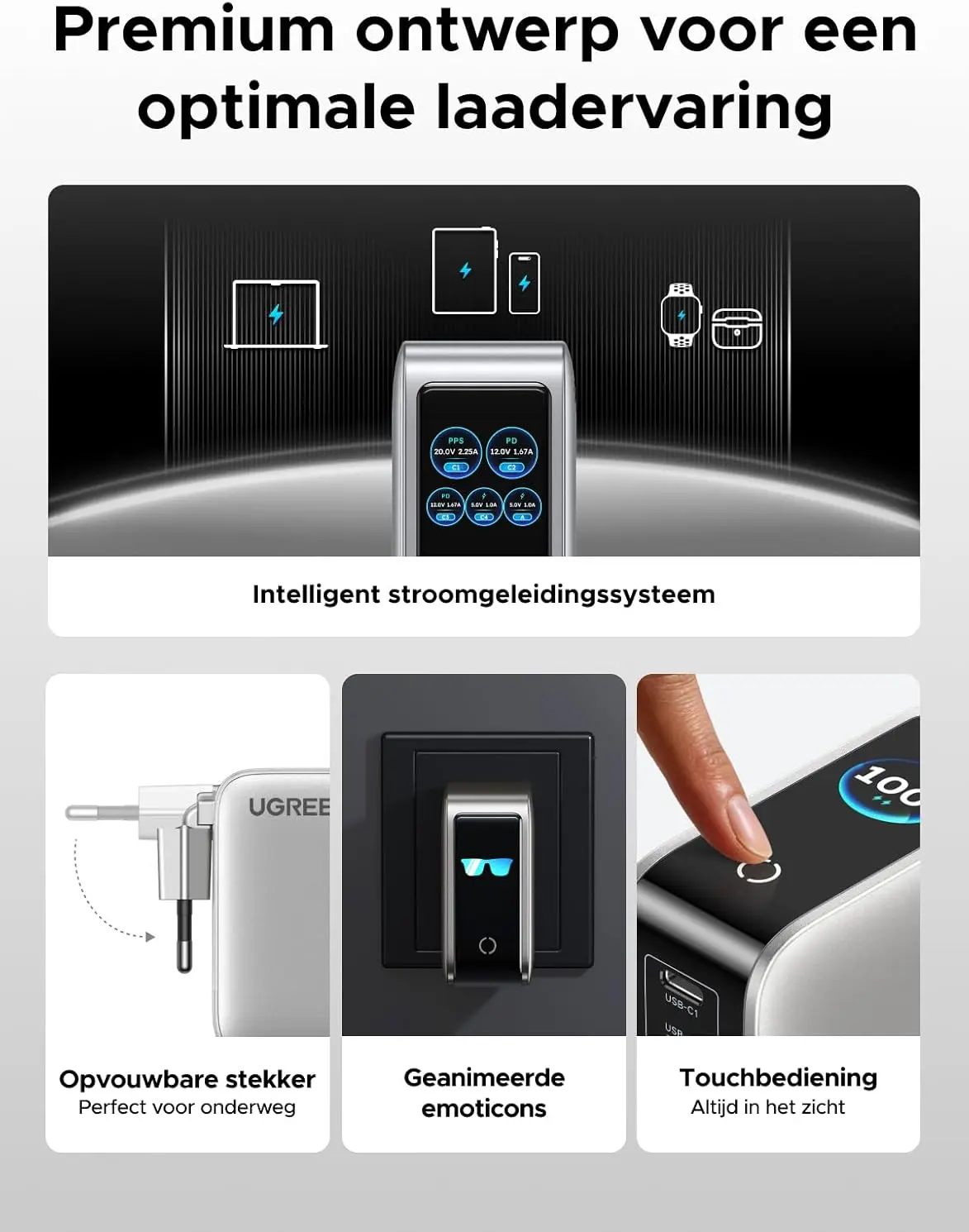 UGREEN Nexode Pro 100W USB-C en USB Snellader GaN Adapter Grijs met Touchscreen afbeelding 6