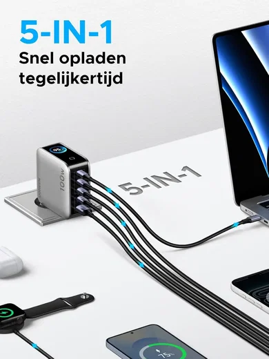 UGREEN Nexode Pro 100W USB-C en USB Snellader GaN Adapter Grijs met Touchscreen afbeelding 5