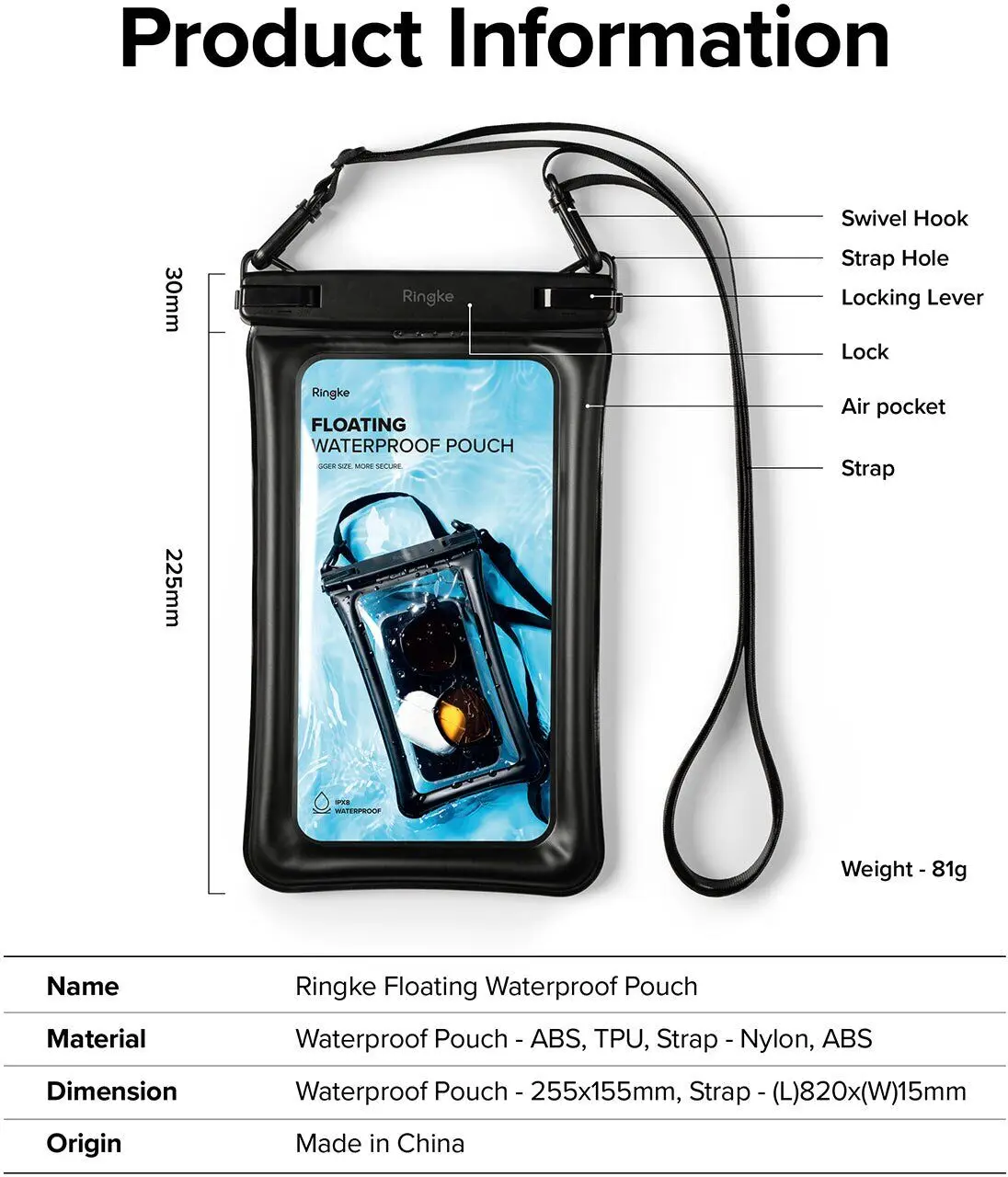 Ringke Floating Waterdicht Telefoonhoesje met Koord IPX8 Zwart afbeelding 13