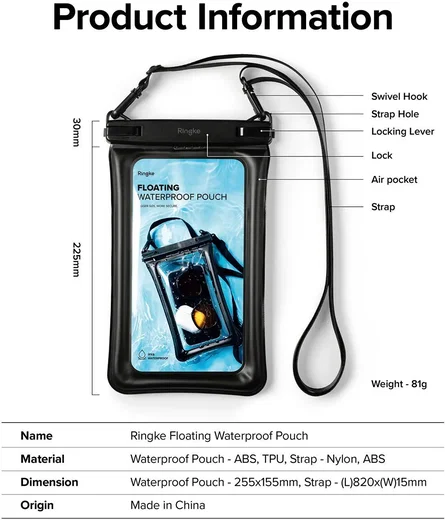 Ringke Floating Waterdicht Telefoonhoesje met Koord IPX8 Zwart afbeelding 13