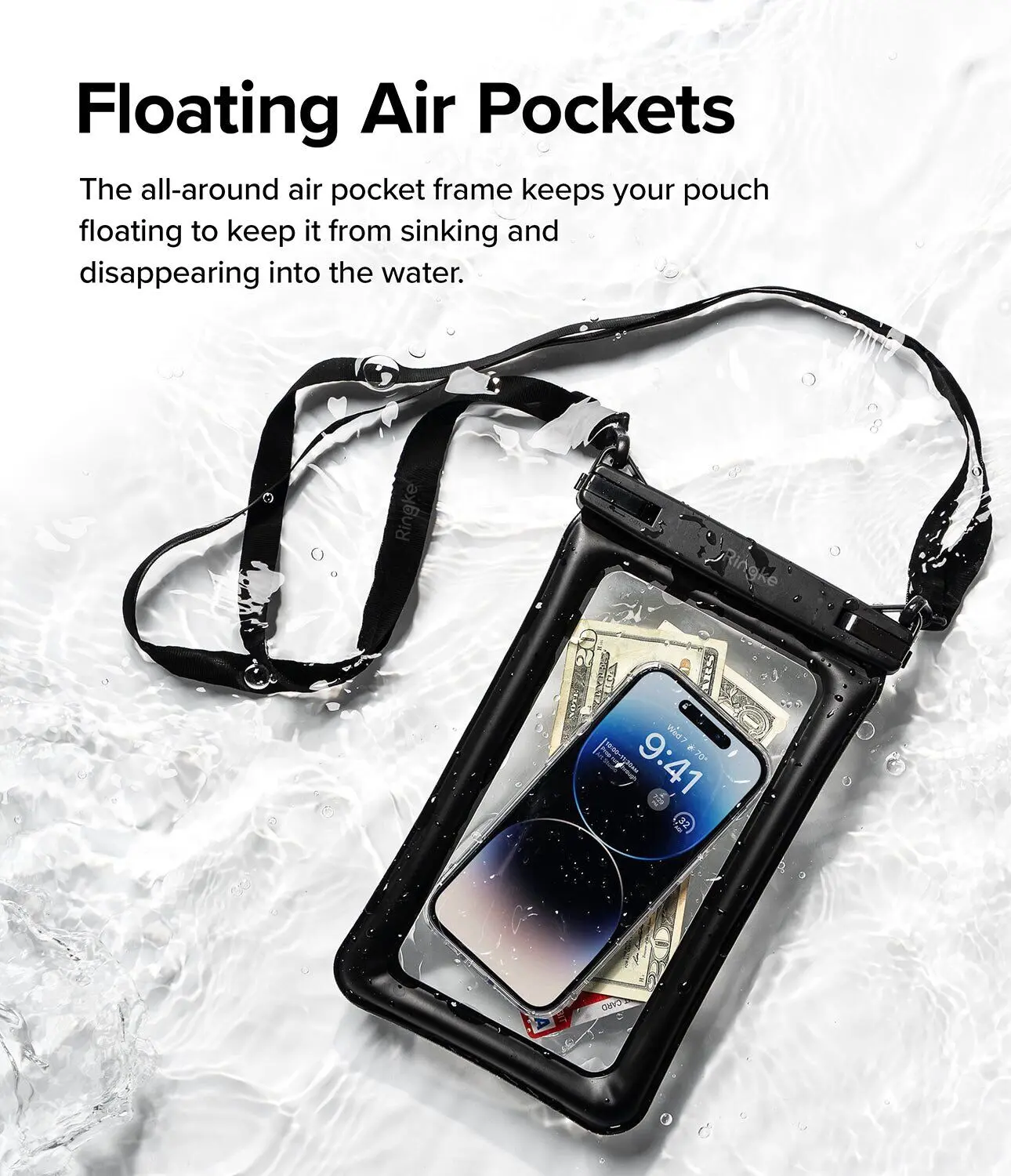 Ringke Floating Waterdicht Telefoonhoesje met Koord IPX8 Zwart afbeelding 7