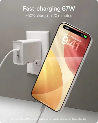 Mophie 67W Power Adapter met 2x USB-C Poort en Uittrekbare USB-C Kabel Wit​ afbeelding 2