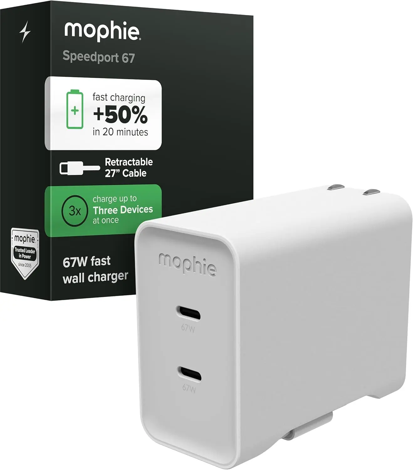 Mophie 67W Power Adapter met 2x USB-C Poort en Uittrekbare USB-C Kabel Wit​ afbeelding 1