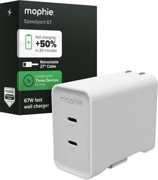 Mophie 67W Power Adapter met 2x USB-C Poort en Uittrekbare USB-C Kabel Wit​