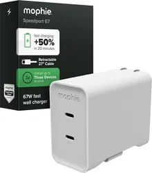 Mophie 67W Power Adapter met 2x USB-C Poort en Uittrekbare USB-C Kabel Wit​ afbeelding