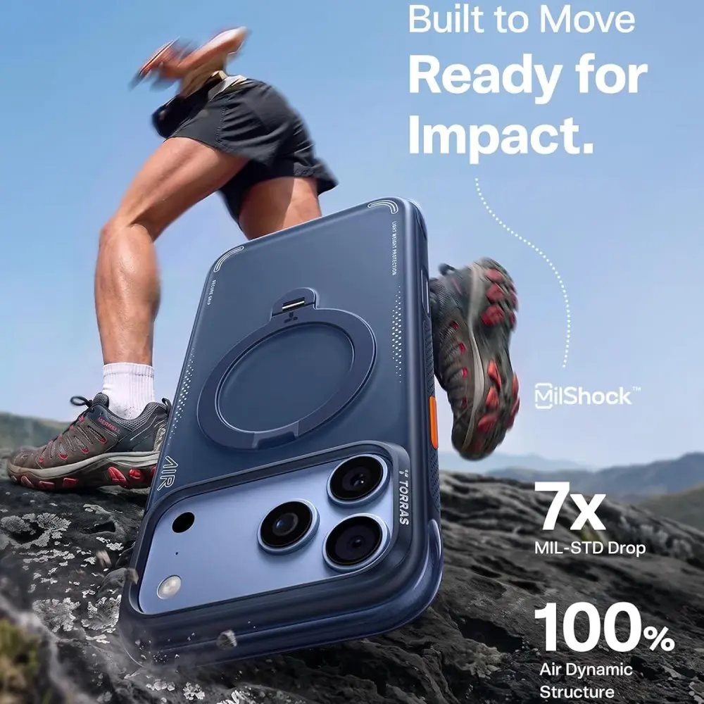 TORRAS Ostand Q3 Air iPhone 18 Pro Hoesje MagSafe 360° Kickstand Donker Blauw afbeelding 5