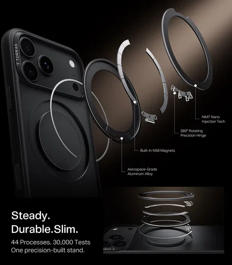 TORRAS Ostand O1 Guardian Apple iPhone 18 Pro Hoesje 360° MagSafe Stand Zwart afbeelding 3
