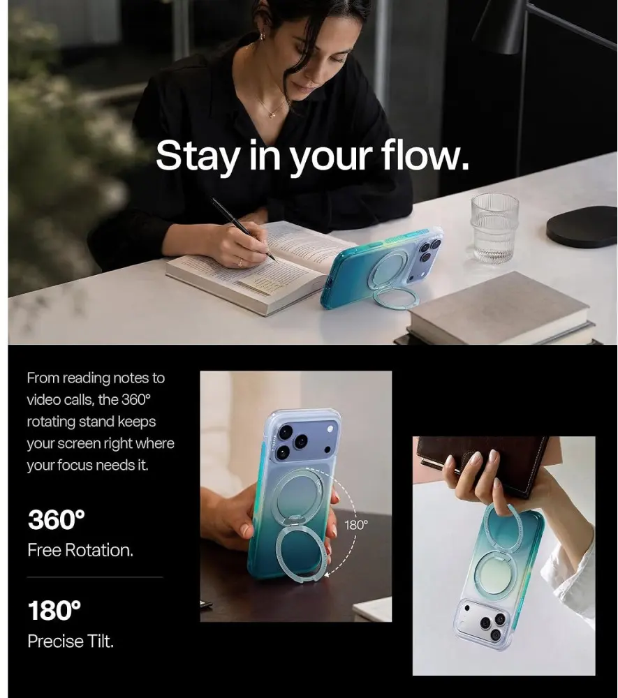 TORRAS O3 Air Gradient iPhone 18 Pro / 17 Pro Hoesje MagSafe Stand Groen Blauw afbeelding 6