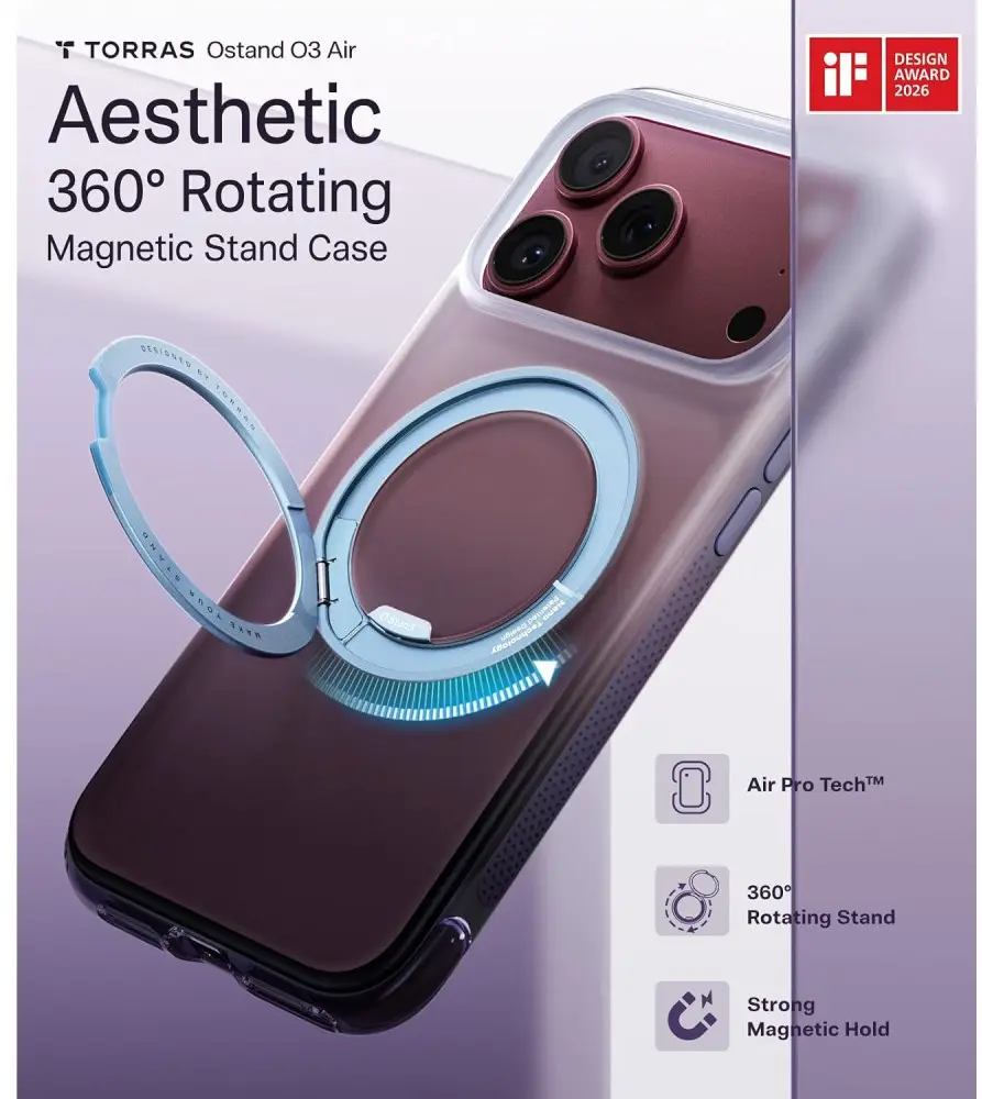 TORRAS O3 Air Gradient iPhone 18 Pro / 17 Pro Hoesje MagSafe Stand Blauw Paars afbeelding 4