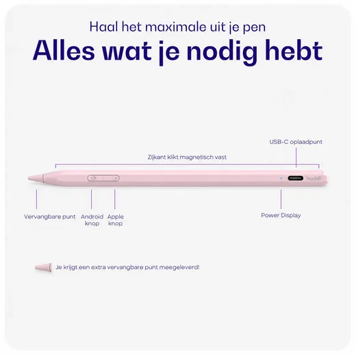 Buddi Flow 2 Universele Stylus Pen voor Android en iPad Roze afbeelding 3