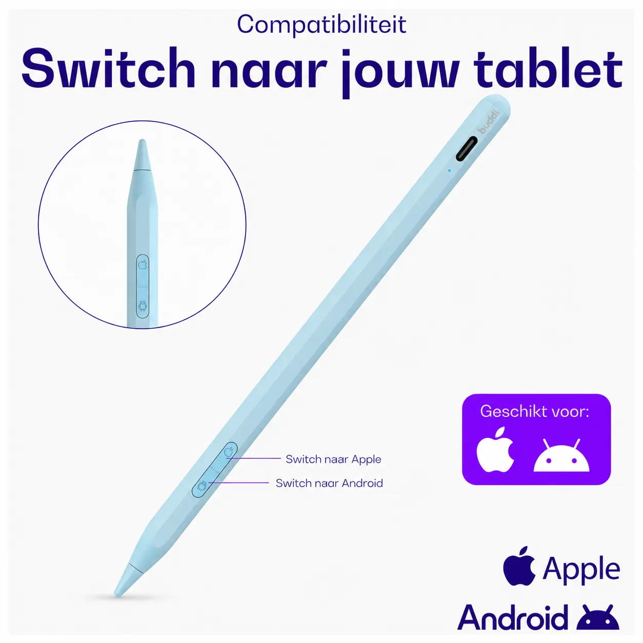 Buddi Flow 2 Universele Stylus Pen voor Android en iPad Blauw afbeelding 2