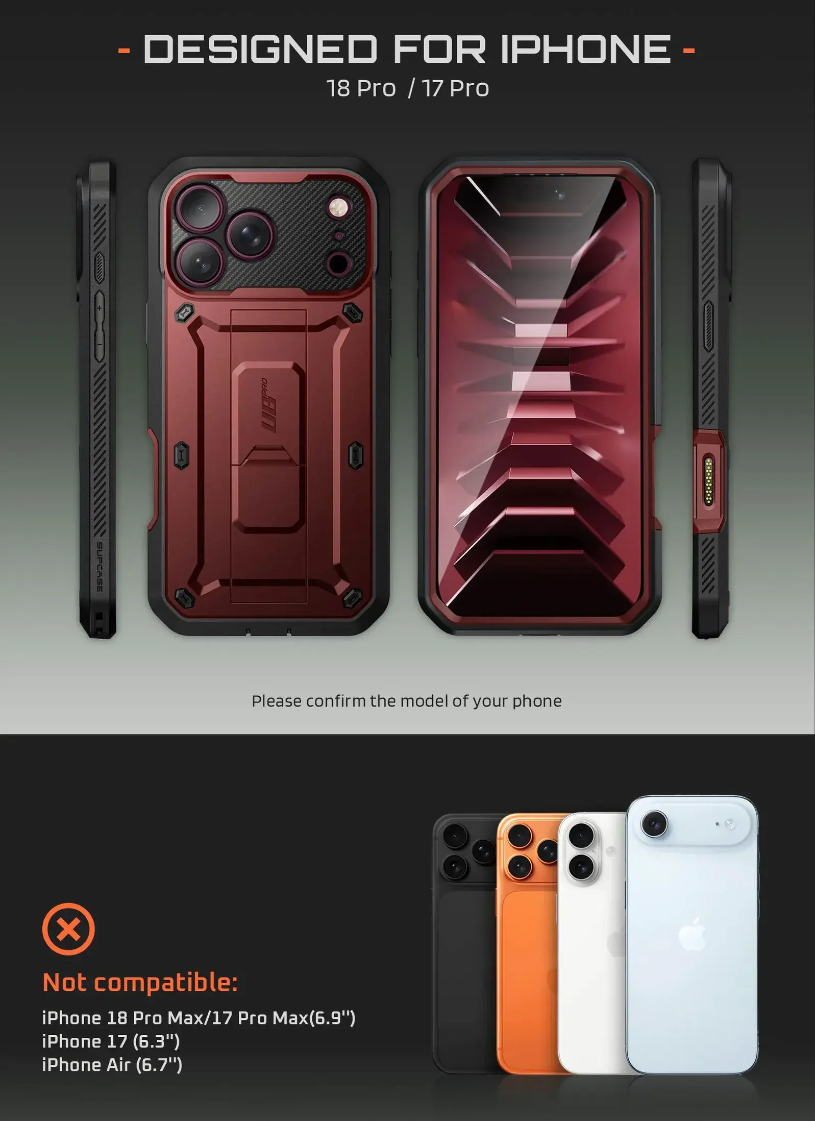 SUPCASE UB Pro iPhone 18 Pro / 17 Pro Hoesje Full Protect Kickstand Burgundy afbeelding 5