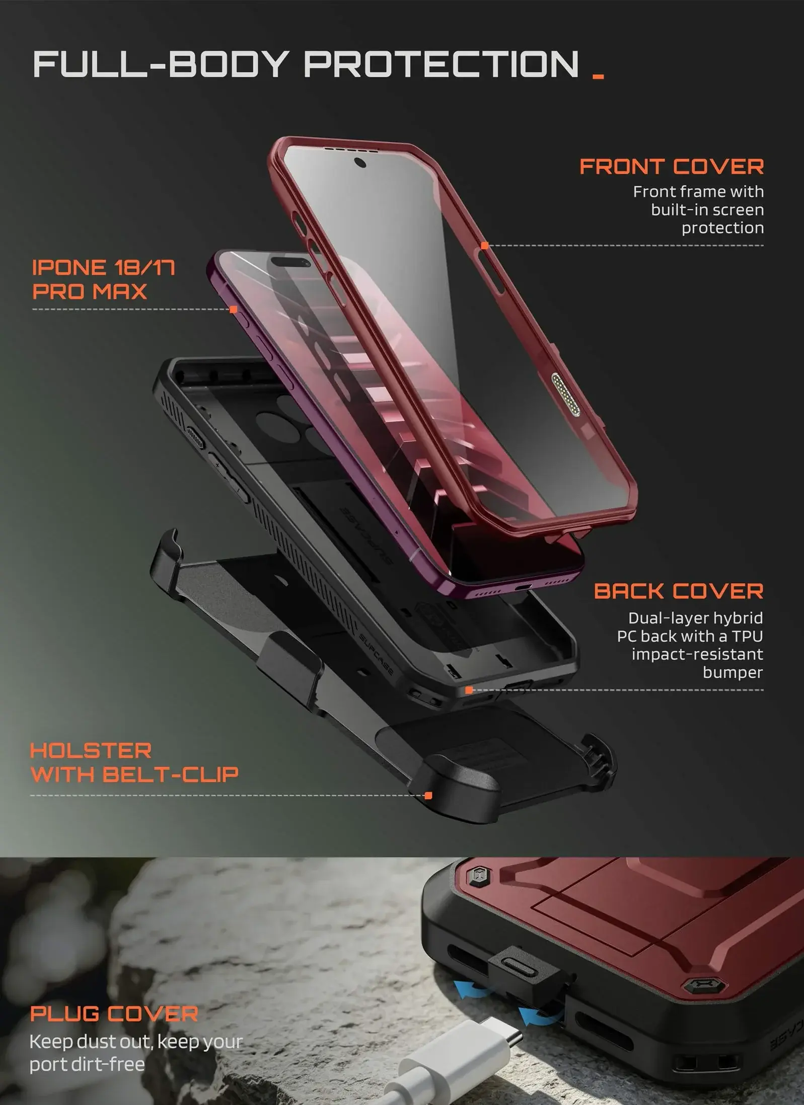 SUPCASE UB Pro iPhone 18 Pro Max / 17 Pro Max Hoesje Full Protect Stand Burgundy afbeelding 4