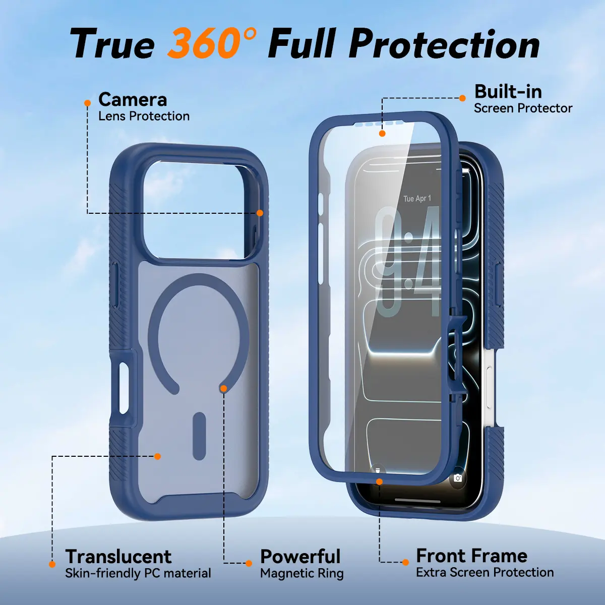 Apple iPhone 18 Pro Hoesje Full Protect 360° Cover met MagSafe Matte Blauw afbeelding 5