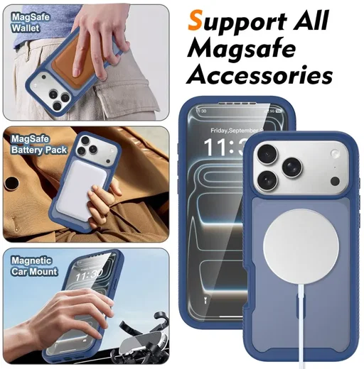 Apple iPhone 18 Pro Max Hoesje Full Protect 360° Cover met MagSafe Matte Blauw afbeelding 6