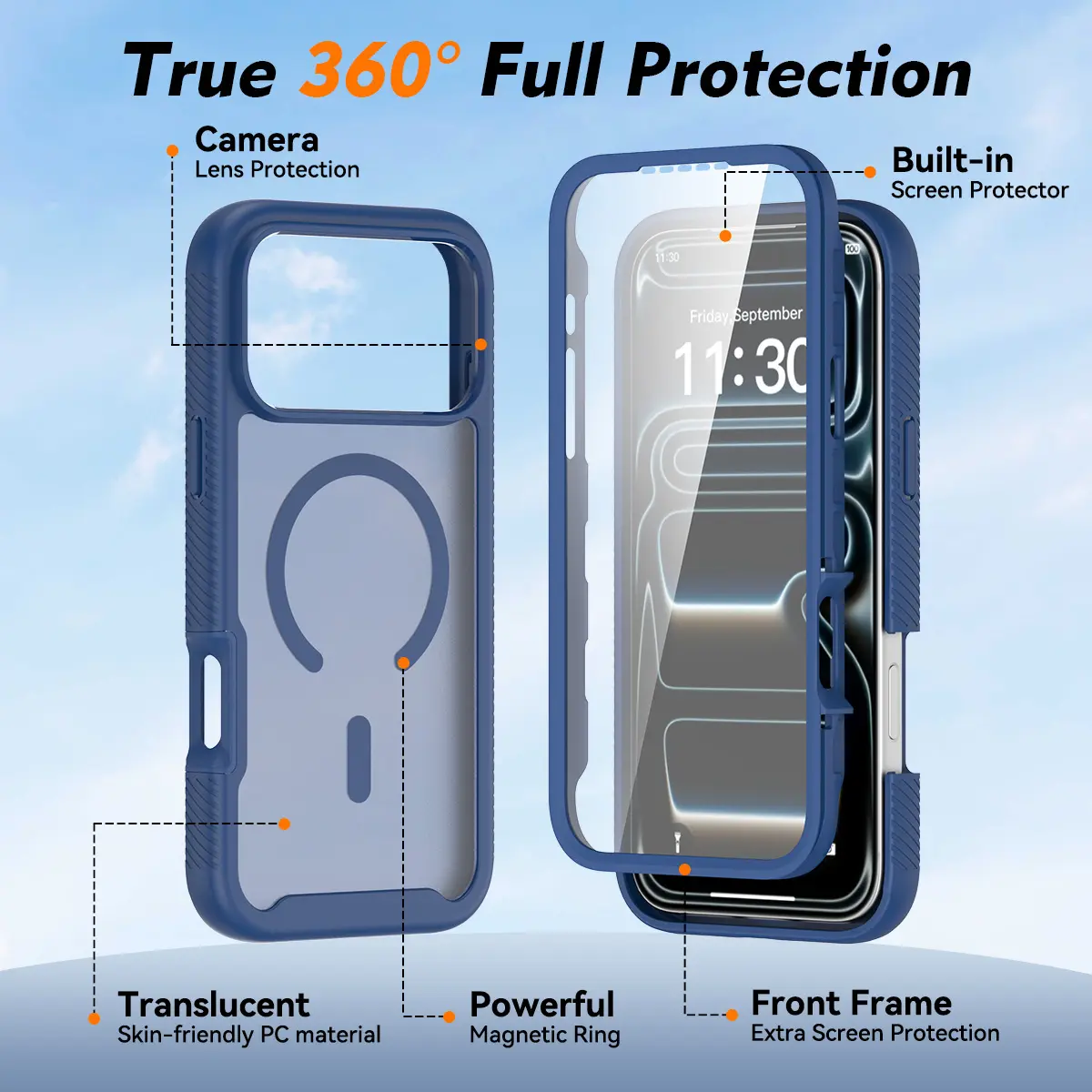iPhone 18 Pro Max Hoesje Full Protect 360° Cover met MagSafe Matte Blauw afbeelding 5