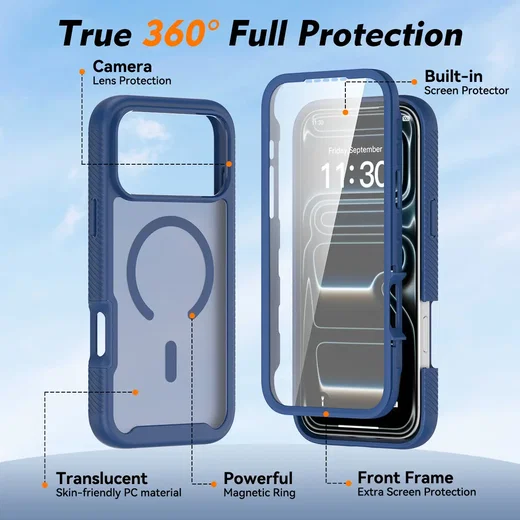 iPhone 18 Pro Max Hoesje Full Protect 360° Cover met MagSafe Matte Blauw afbeelding 5