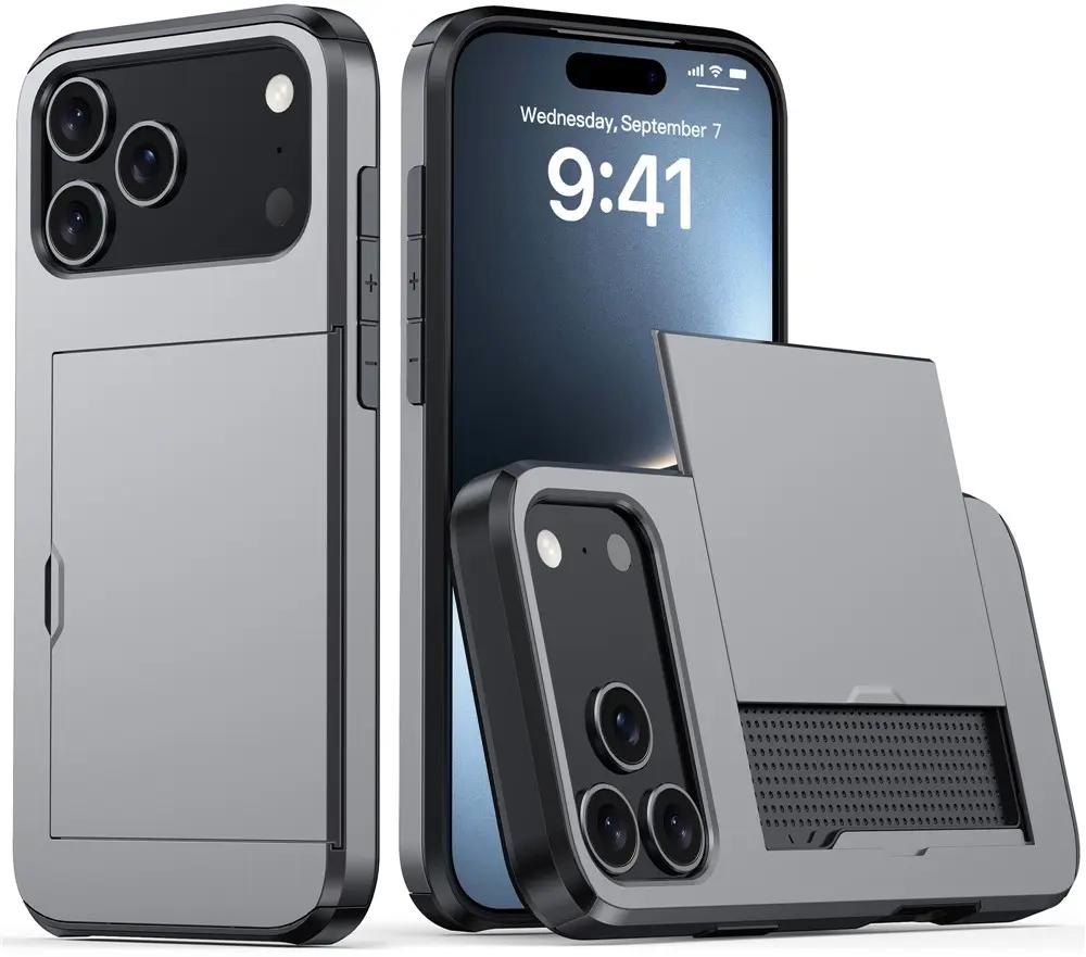 Apple iPhone 18 Pro Max Hoesje met Slider Kaarthouder Back Cover Grijs afbeelding 1