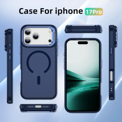 Apple iPhone 18 Pro Hoesje MagSafe Back Cover met Camera Stand Blauw afbeelding 11