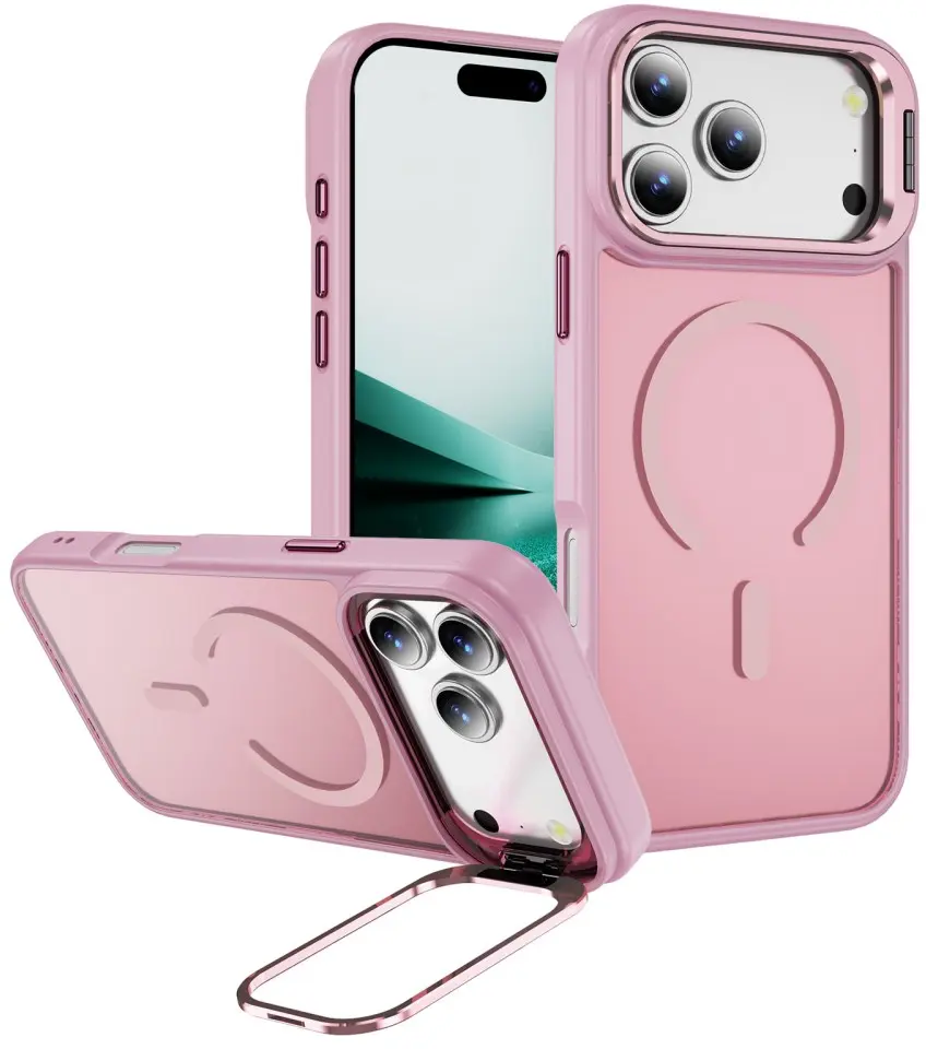 Apple iPhone 16 Pro Hoesje MagSafe Back Cover met Camera Stand Roze afbeelding 1
