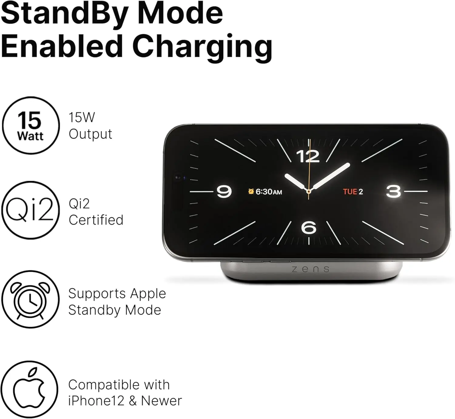 ZENS Magnetic Nightstand Charger 15W met Qi2 en MagSafe Wit afbeelding 4