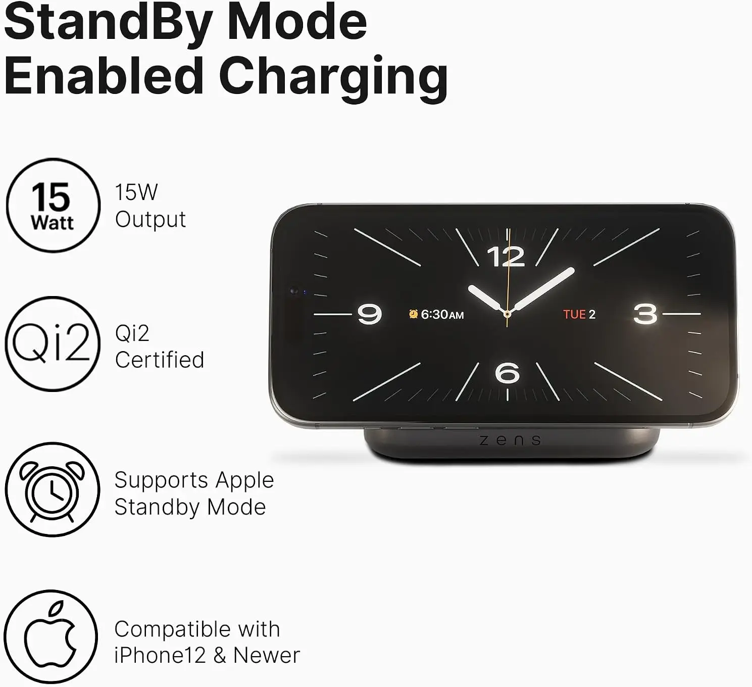 ZENS Magnetic Nightstand Charger 15W met Qi2 en MagSafe Zwart afbeelding 5