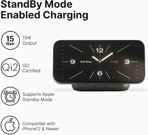 ZENS Magnetic Nightstand Charger 15W met Qi2 en MagSafe Zwart afbeelding 5