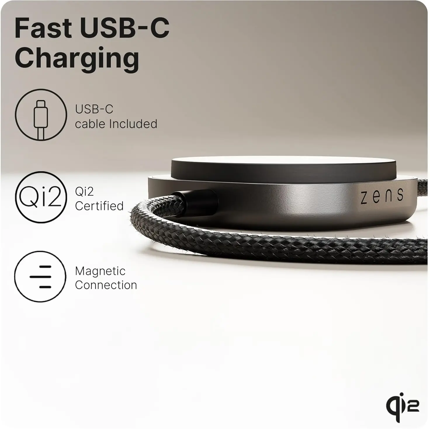 ZENS Pro 2 USB-C naar USB-C Kabel 140W met Draadloze Qi2 15W Oplader 1,5M Zwart afbeelding 4