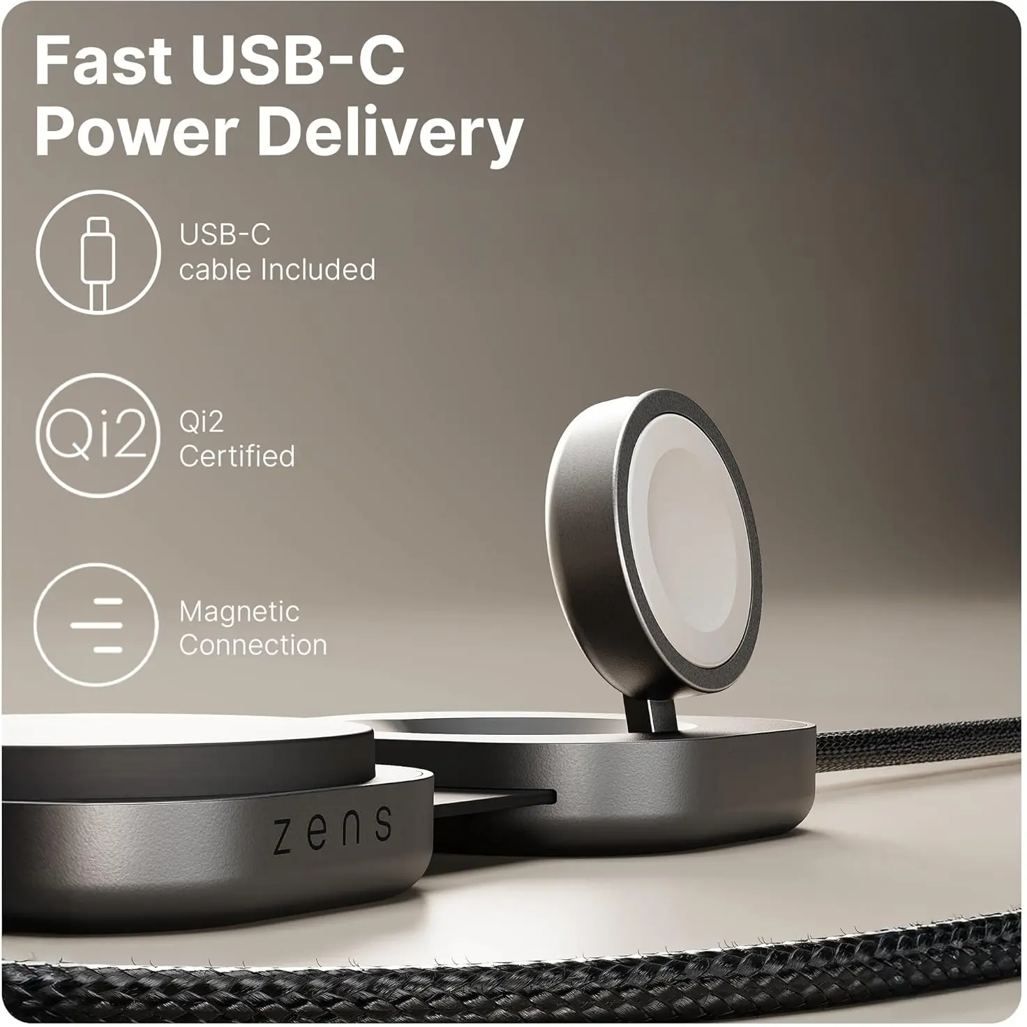 ZENS Pro 3 USB-C naar USB-C 140W Kabel met Qi2, MagSafe en Watch Oplader Zwart afbeelding 3