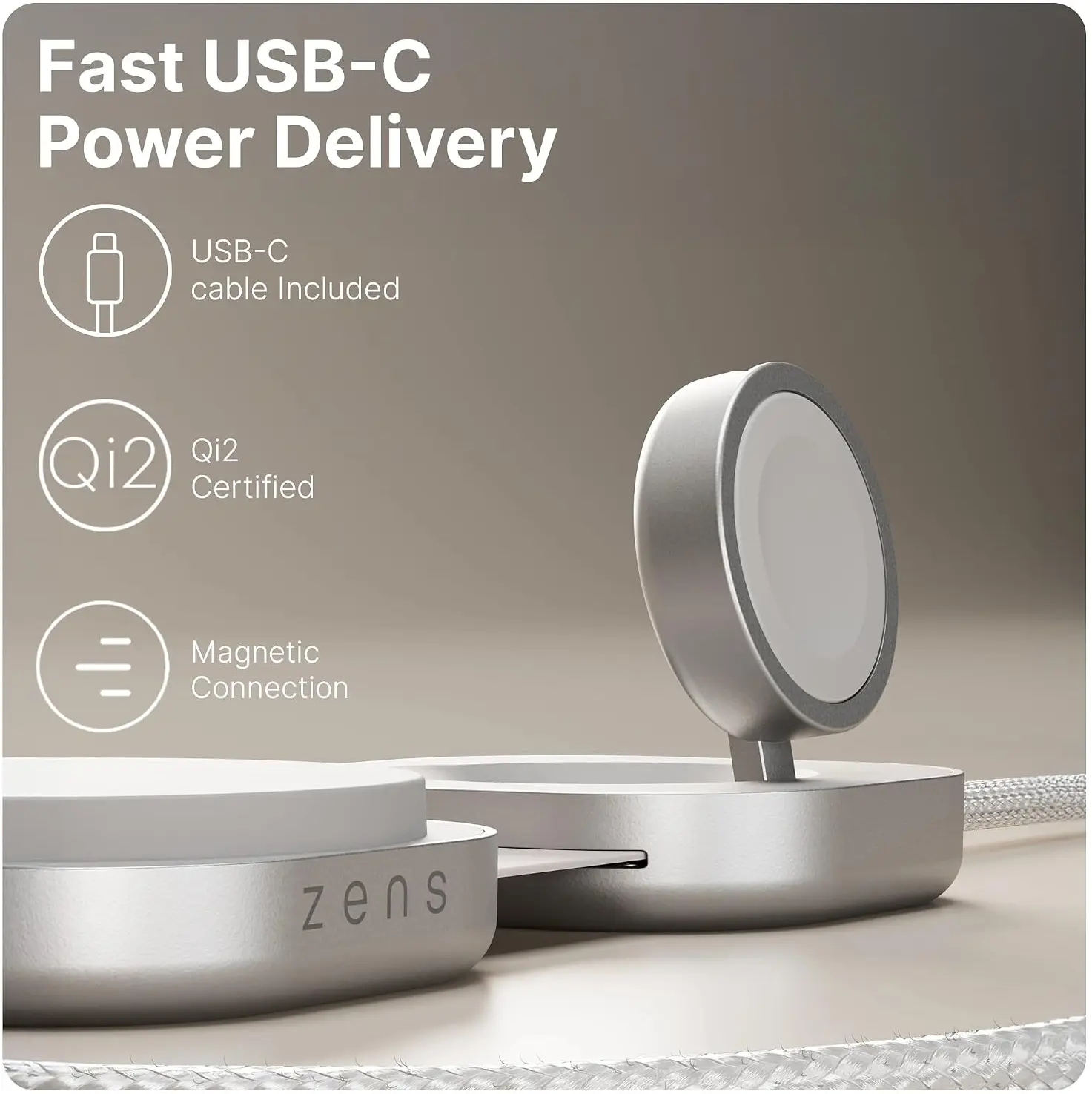ZENS Pro 3 USB-C naar USB-C 140W Kabel met Qi2, MagSafe en Watch Oplader Wit afbeelding 4