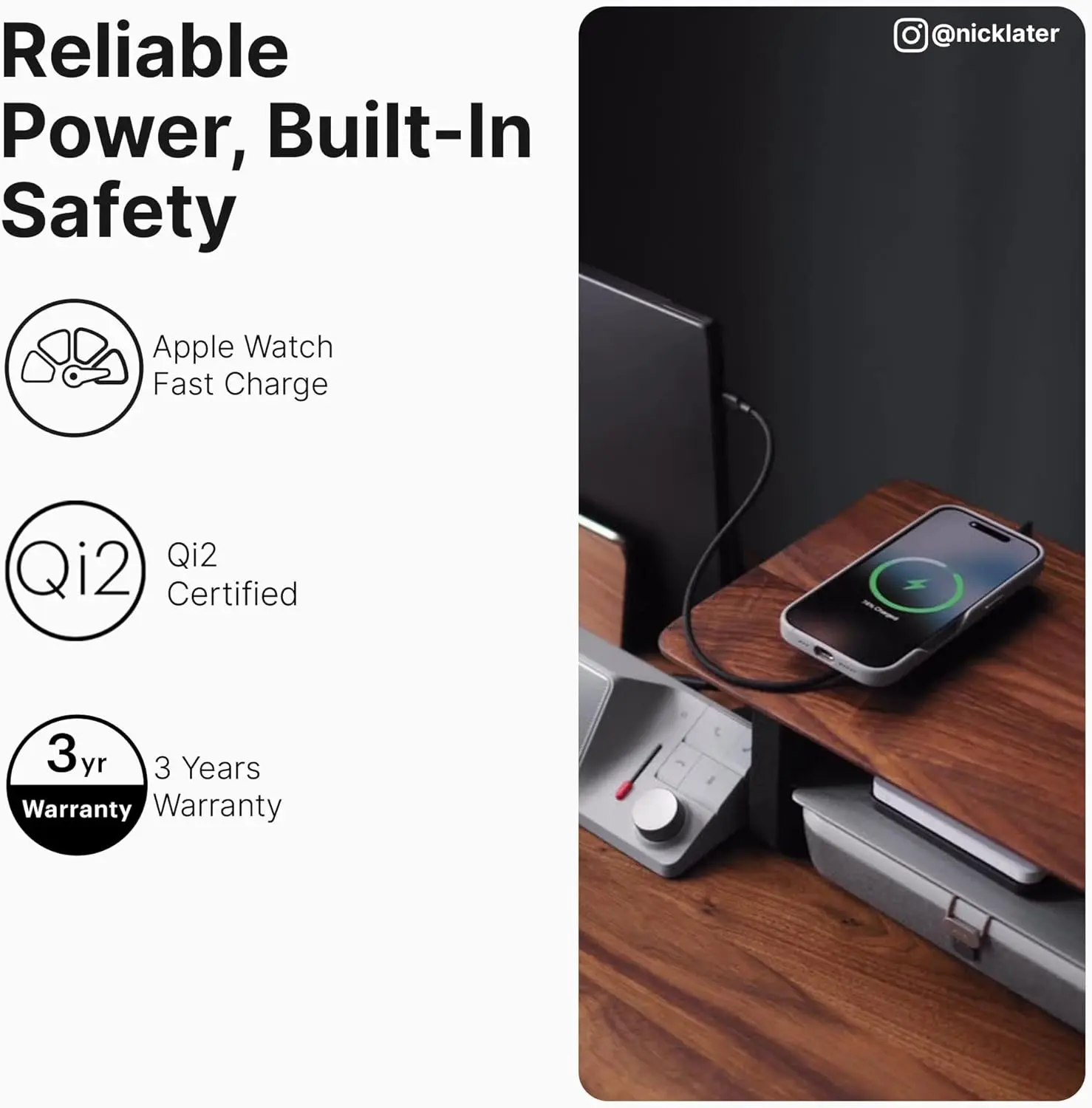 ZENS Pro 2 Draadloze Oplader Qi2 2-in-1 Fast Charge MagSafe/Apple Watch Zwart afbeelding 5