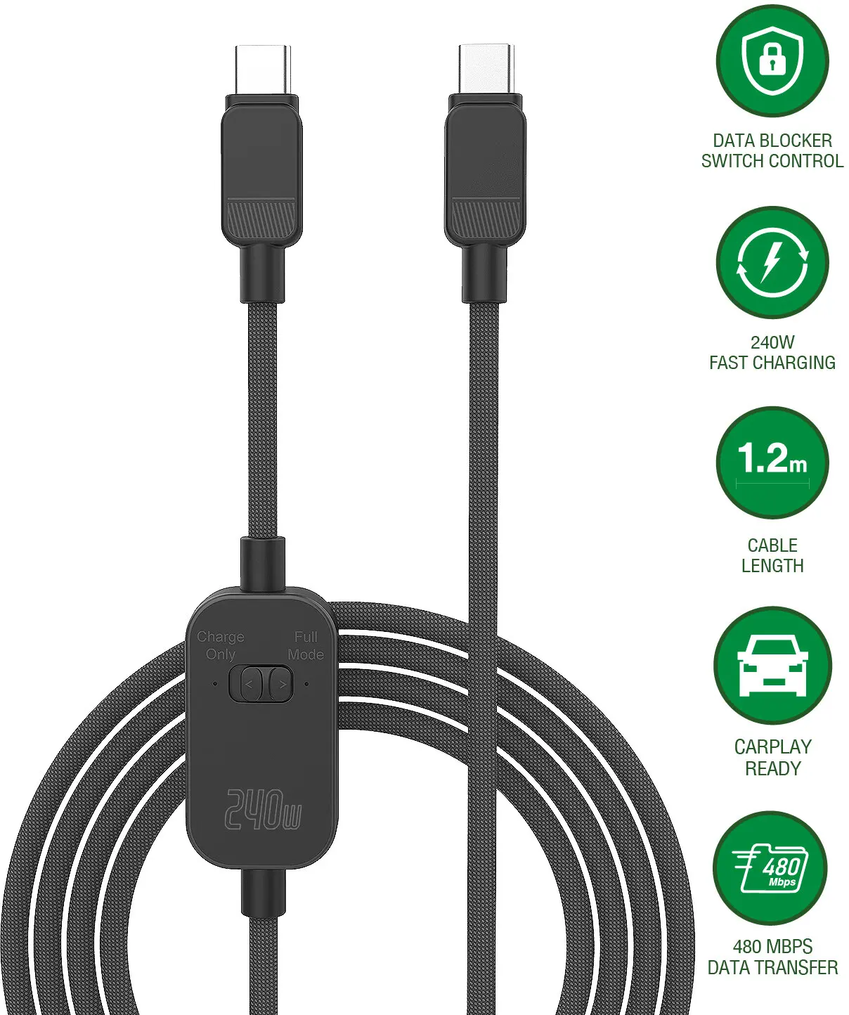 4smarts PrivacyCord USB-C naar USB-C Kabel 240W Fast Charge 1,2M Zwart afbeelding 2