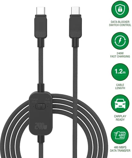4smarts PrivacyCord USB-C naar USB-C Kabel 240W Fast Charge 1,2M Zwart afbeelding 2